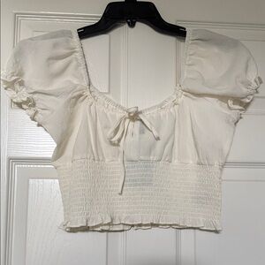 H&M Cream Puff-Sleeve Smocked Crop Top with Tie Front